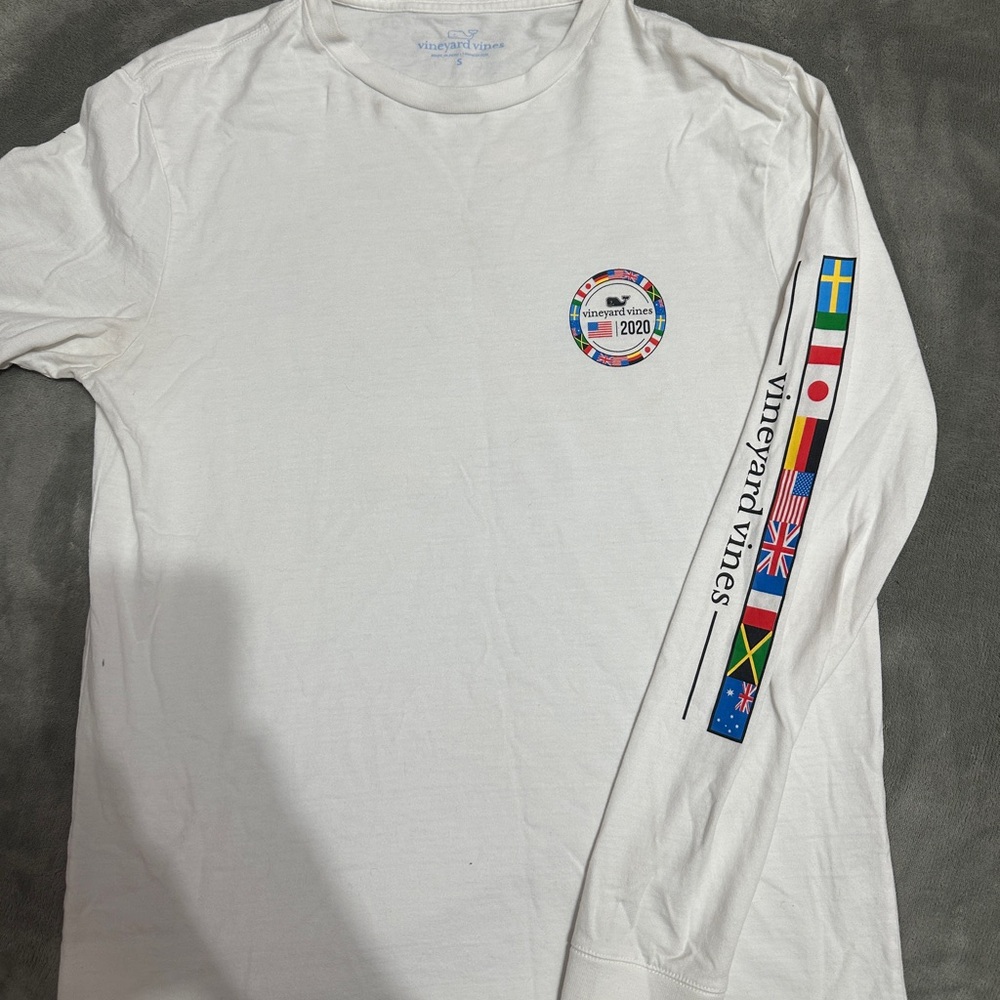 Vineyard Vines White Long Sleeve Shirt with Flag Sleeve Design 2020